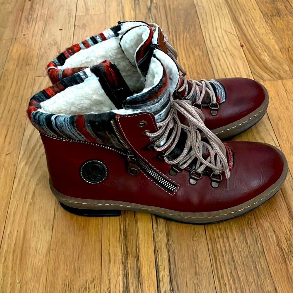 Rieker knitted cuff red ankle boots